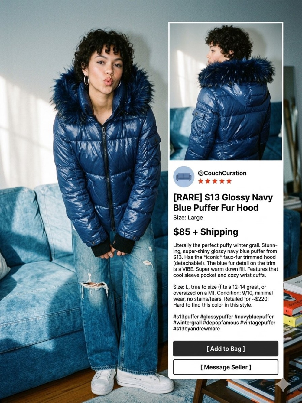 S13 New York Glossy Metallic Blue Down Puffer Jacket with Faux Fur Hood - Large